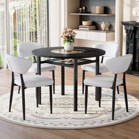 Ensemble de salle à manger MDF, verre et métal noir/blanc, table ronde Ø100 cm avec 4 chaises en PU (1/5)