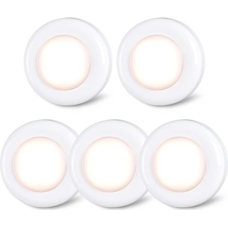 LED Lot de 5 petits spots LED tactiles, à coller, fonctionnement à piles, pour intérieur, placard, armoire, meuble de cuisine, blanc chaud