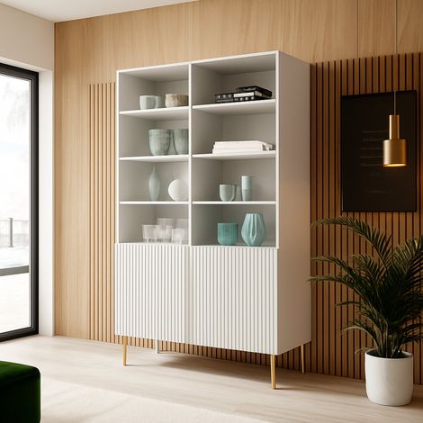 Librería Estarreja, estantería con compartimentos abiertos y dos puertas, elevada del suelo, 100x42 h177 cm, color blanco (1/4)