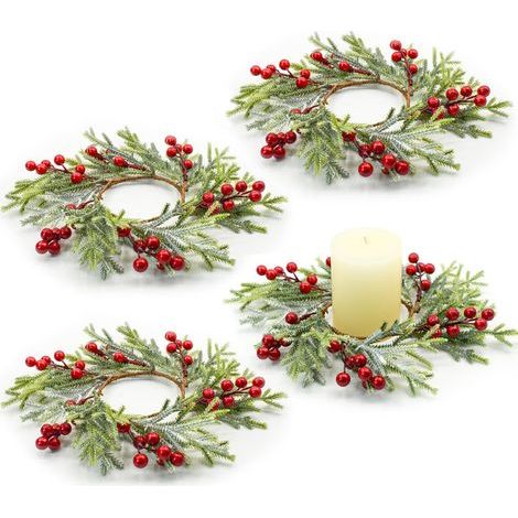 Christmas Candle Rings Set of 4 Christmas Decorations Red Berries Snowy Pine Garland Mini Candle Wreath for Door Window Table Home Decor (1/5)