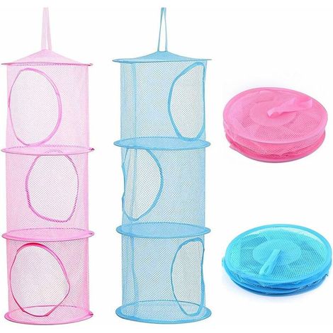 2PCS Rangement en Maille à Suspendre, Pliable Panier en Maille, Sac de Rangement de 3 Niveaux Suspendu en Maille, pour Ranger de Petits Vêtements et Petits Objets (Rose, Bleu) (1/5)