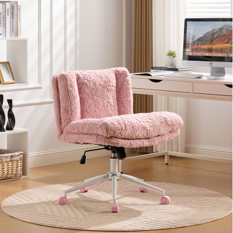 MEUBLIV Chaise de bureau rose en tissu effet fourrure, siège large pivotant (1/5)