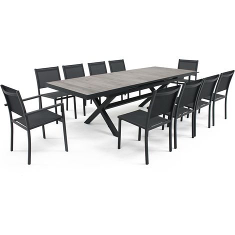 Oviala – Ensemble table rectangulaire extensible 8 à 10 places – Aluminium et céramique – Design pieds croisés – 200/260 cm – Chaises empilables en textilène gris