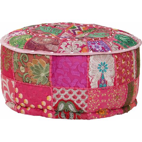 vidaXL Pouf rond en coton en patchwork fait à la main 40 x 20 cm Rose (1/5)
