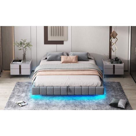 Lit coffre rembourré 180x200 cm avec LED, sommier relevable hydraulique, rangement sous lit, structure suspendue, tissu lin gris, sans matelas (1/5)