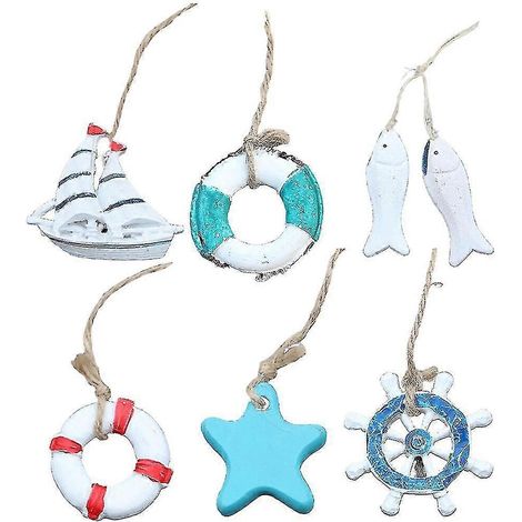 Lot de 6 décorations de Noël sur le thème de l'océan, à suspendre au sapin. Ornements de plage, roue de bateau, décoration pour une fête sur l'océan. (1/5)