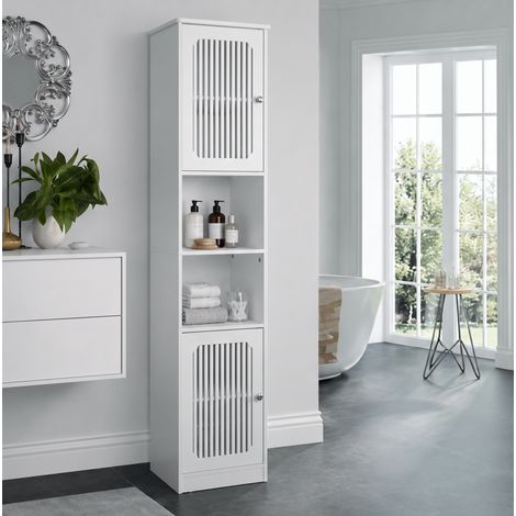 Armadio bagno alto con ripiani regolabili, 2 vani aperti, ante a lamelle, MDF e truciolare, bianco (1/5)