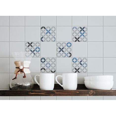Sticker Carrelage Adhésif 15x15cm x6, Décoratif Lessivable, Formes Géométriques Gris et Bleu, Rondes et Triangulaires. (1/2)