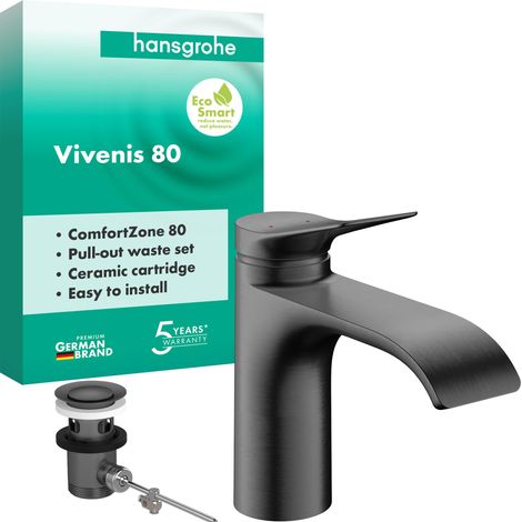 Mitigeur de lavabo avec tirette de vidage, robinet de salle de bain avec bec hauteur 80 mm, mitigeur lavabo économe en eau, chrome noir brossé (1/5)