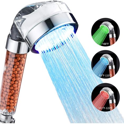 Shower, 3 color modes Ionic hand shower with temperature change, LED high-pressure shower with replaceable filter for hard or soft water (1/4)