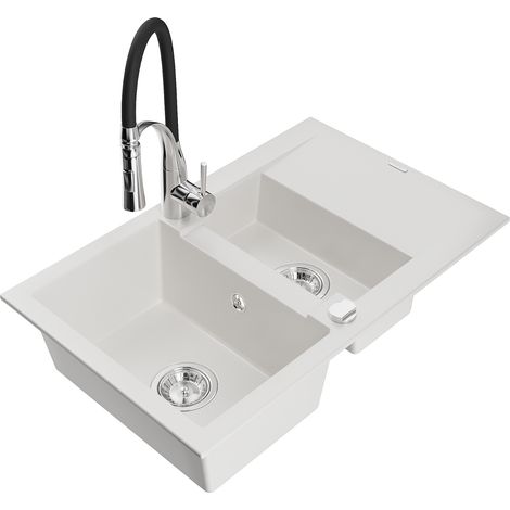 Mexen Gaspar lavello in granito 1,5 vasche con scolapiatti e rubinetto da cucina Aster, bianco - 6507-20-73450-07 (1/5)