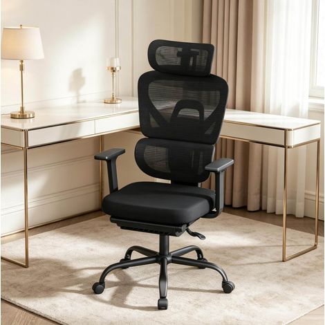 Sedia da ufficio ergonomica girevole con poggiatesta 3D, braccioli 3D, rete nera (1/5)