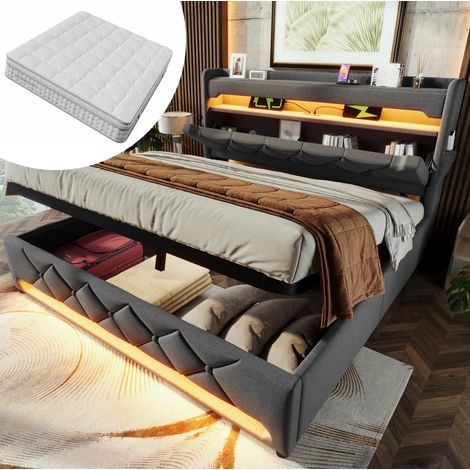 Letto matrimoniale 180x200 cm grigio in tessuto con LED, contenitore e materasso – MEUBLIV (1/5)
