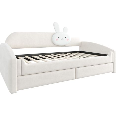 Lit enfant 90 x 200 cm avec rangement, LED, velours beige, style canapé-lit (1/5)