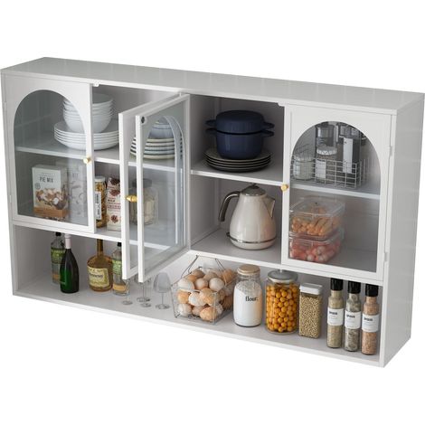 ELVMI Wandhängendes Schrankschrank Mit 4 Türen Aus Glas und Metall für Küche Wohnzimmer Bad 120 x 23 x 70 cm Weiß (1/5)