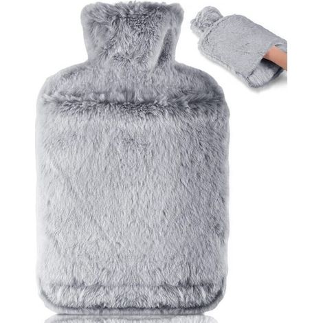 2L hot water bottle made of leak-proof natural rubber with kangaroo pocket and soft grey cover – ideal for bed, gift for men/women