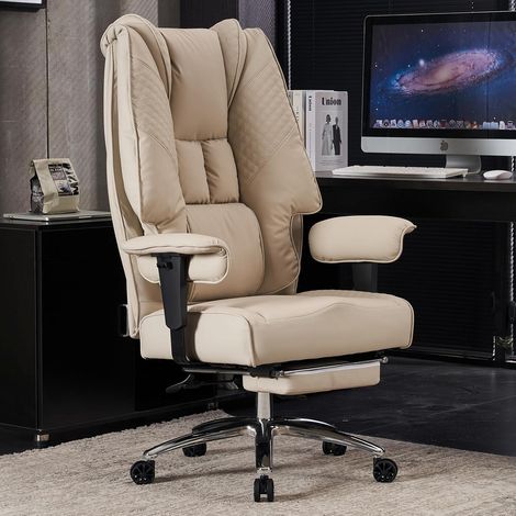 Bürostuhl Ergonomisch Hohe Rückenlehne Verstellbare Armlehnen PU Leder Beige (1/5)