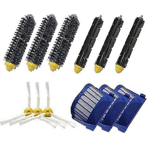 Les accessoires universels pour aspirateur robot iRobot Roomba comprennent des filtres, des brosses latérales et des brosses principales, compatibles avec plusieurs séries de consommables de rechange. (1/5)