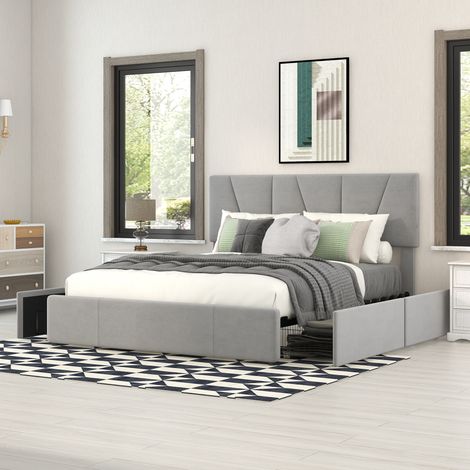 Bett Samt Grau 140x200 cm mit 4 Schubladen, verstellbarem Kopfteil und Lattenrost