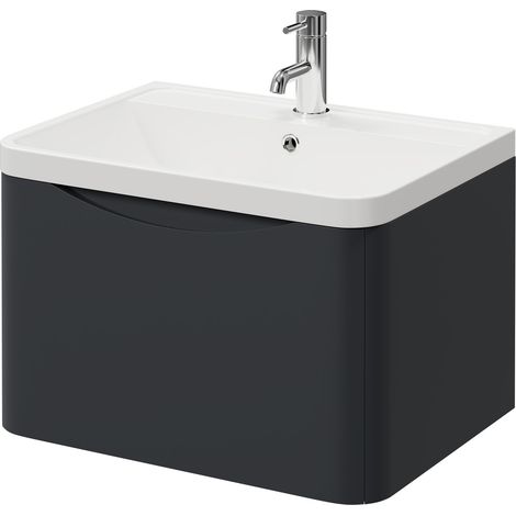 Vela Satin Anthracite 600mm Wall Mounted Single Drawer Vanity Unit with Anya Basin