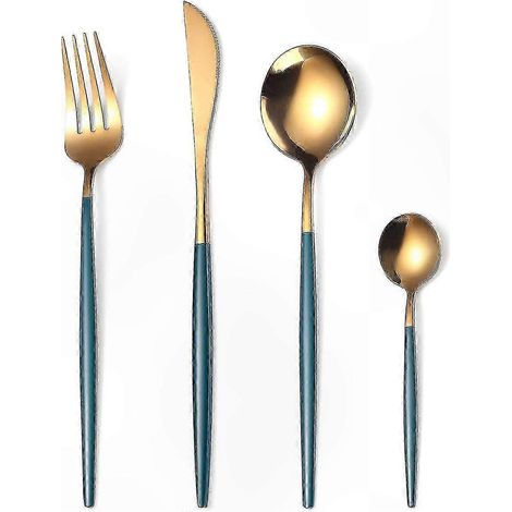 Set de couverts en inox doré vert, 4 pièces avec fourchette et cuillère, service de table élégant (1/5)