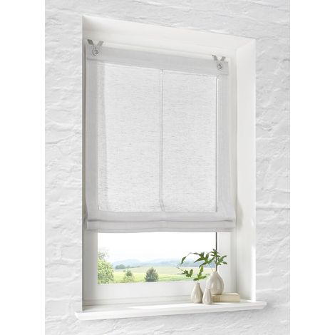 Store romain avec œillets Brondy blanc semi-transparent aspect lin avec crochets de suspension sans perçage - Largeur 45 cm x hauteur 140 cm (1/5)