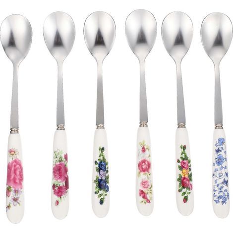 Set mit 6 Teelöffeln, Dessertlöffeln und Kaffeelöffeln mit Keramikgriffen für den Hausgebrauch – 15,50 x 2,50 x 1,00 cm – Verschiedene Farben (1/3)