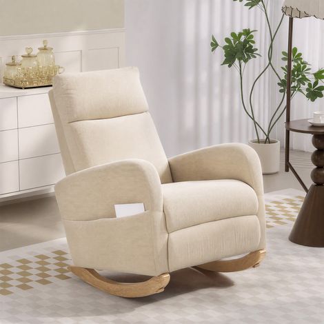 Fauteuil à bascule rembourré en velours côtelé, poches latérales, beige, idéal pour le salon (1/5)