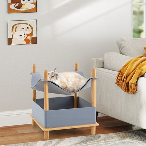 Maison pour Chat en Bois à 2 Niveaux Arbre à Chat Moderne avec Condo Semi-Clos Vêtements Amovibles Espace de Rangement Lit Hamac Élevé Gris (1/2)
