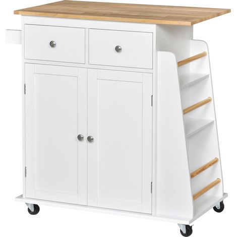 Isla de cocina Irovami sobre ruedas, carrito de almacenamiento móvil, carrito de cocina rodante con encimera de madera de caucho, armarios de 2 puertas, 2 cajones, estante ajustable, especiero de 3 ni