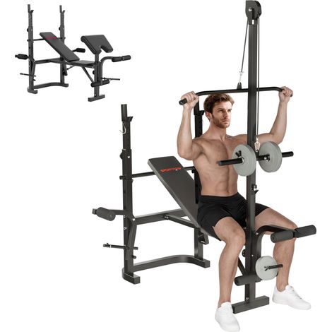 Panca Palestra Multifunzione Regolabile con Rack Bilanciere con Leg Extension, Low Row, Arm Curl, Nero