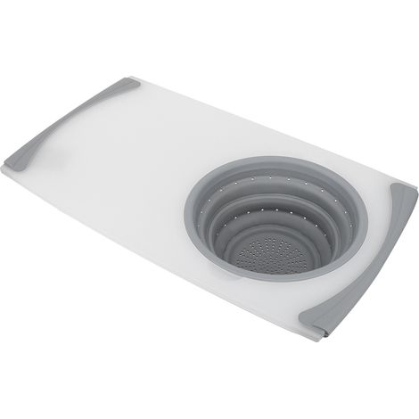 Planche à découper multifonction 3 en 1 pour évier de cuisine, rétractable, panier de rangement et égouttoir. (1/5)