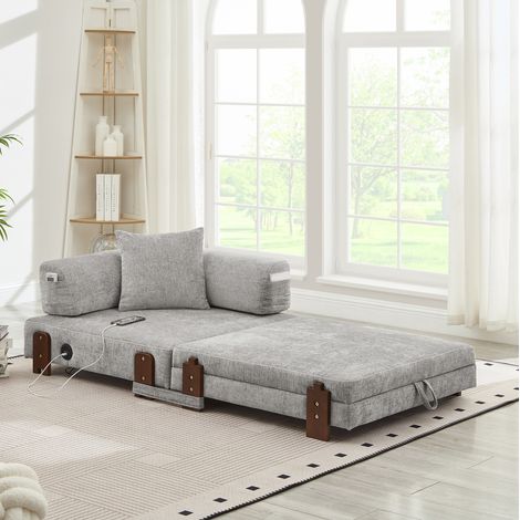 Canapé convertible tissu gris clair avec USB, port Type-C et rangement, 2-en-1 compact (1/5)