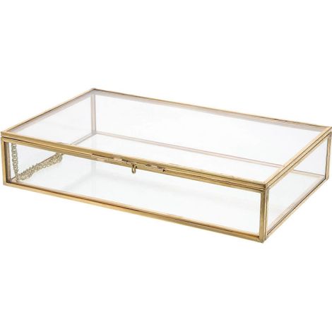 Boîte de rangement pour bijoux en verre cuivré doré avec couvercle à charnière, compatible avec un usage domestique. (1/5)