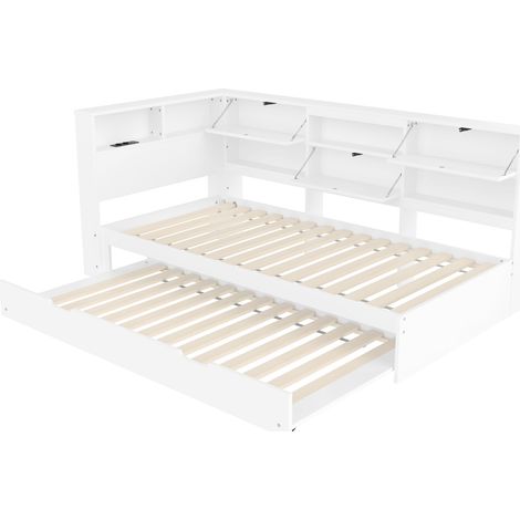 Lit de jour, canapé-lit, 90x200 cm, tête de lit avec compartiment de rangement, lit gigogne, sans matelas, blanc (1/5)