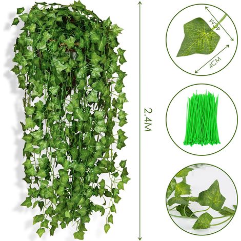 Efeu Künstlich Girlande 24 Stück Efeu Hängend Girlande Kunstpflanzen 2.4M Efeugirlande Künstlich 80 Blätter Girlande mit 50 Grüne Kabelbinder für Room Büro Küche Garten Party Wanddekoration (1/4)