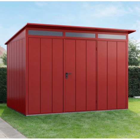 Hörmann Ecostar Metall-Gerätehaus Elegant mit Pultdach Typ 3, 313 x 283 cm, purpurrot, 7,2 m², 1-flüglige Tür
