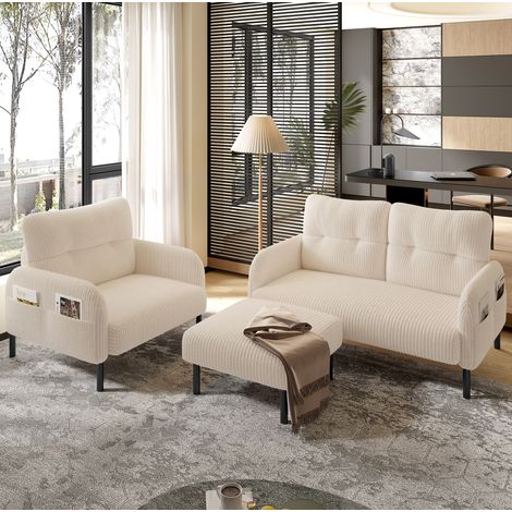 Conjunto de 3 piezas sofá de 2 plazas, sillón y puff de pana beige con bolsillo lateral (1/5)