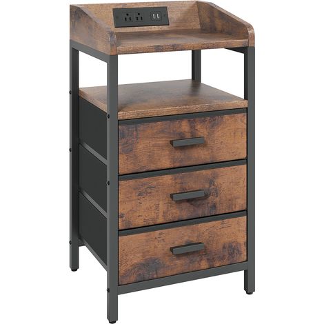 Table de chevet Lot de 2 Vintage avec ports USB prises 3 tiroirs en tissu étagère ouverte bande LED télécommande 40x30x66.5cm (1/4)