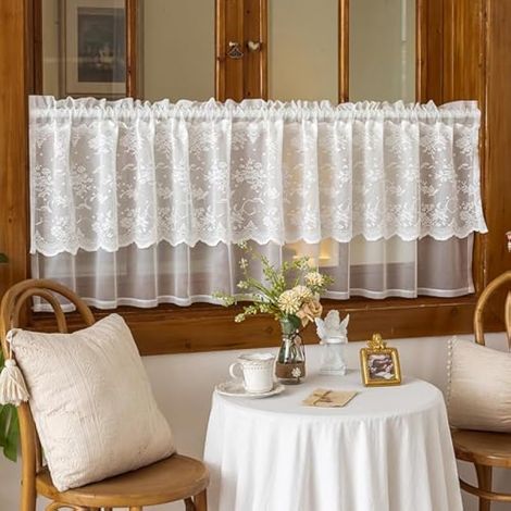 Rideau brise-bise blanc - Court - Semi-transparent - Pour fenêtre, cuisine, salon - Dentelle vintage - Double couche - 45 x 100 cm (H x l) - 1 pièce (1/5)