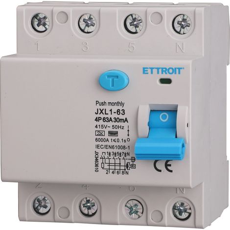 Disjoncteur différentiel pur ETTROIT 4P 63A 30mA 380V-6KA Courbe F - JX3463610