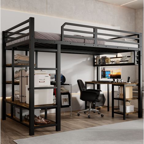 MODFU – Lit mezzanine adulte 120x200 cm métal/bois – Bureau, étagère et échelle 4 marches – 150 kg et FSC – Chambre – Noir/noyer foncé (1/5)