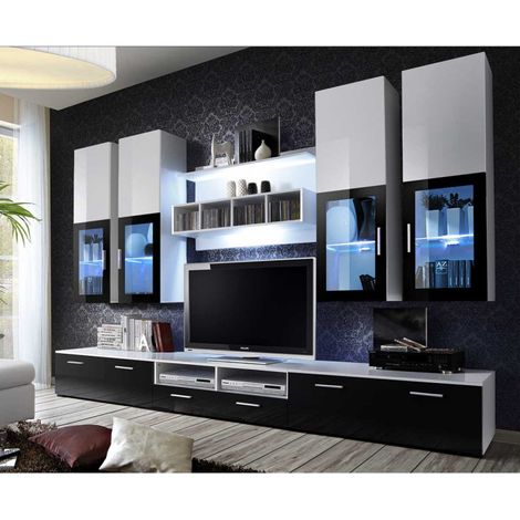 Meuble TV Mural Design "Lyra" 300cm Noir & Blanc (1/5)