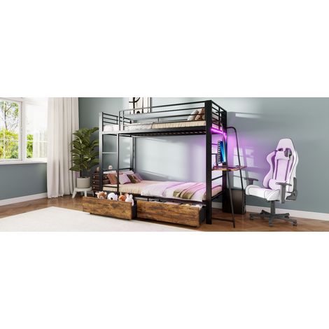 Lit mezzanine métal 90x200 cm avec bureau, LED et tiroirs de rangement, noir, REDOM (1/5)