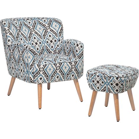 Sillón tapizado en tela multicolor con reposapiés patas de madera patrón ikat retro boho Tumba (1/5)
