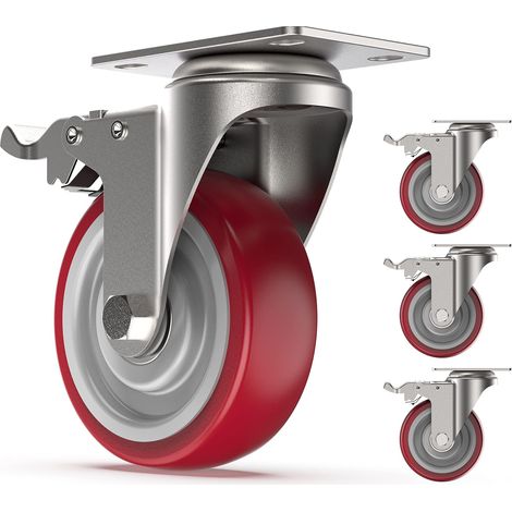 COOCHEER Set of 4 100 mm Ruote girevoli, Ruote Orientabili con Freno Rotelle per Letto e Mobili, Capacità di carico massima 400KG, Rosso (1/5)