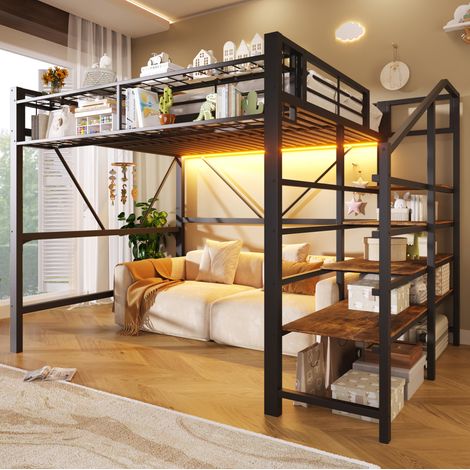 Cama alta 251.5x163x170 cm, con estantería escalonada, rejilla, cesta de almacenaje, LED, MDF y metal, negro (1/5)