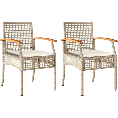 Gartenstühle mit Kissen, Set von 2, Beige, Geflochtene Kunstharz, Akazie