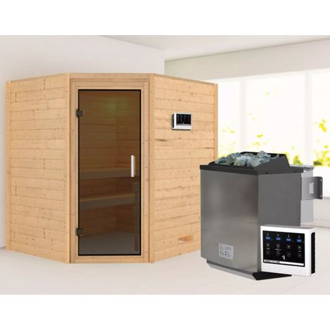 Sauna d'angle Mia 4 places épicéa nordique poêle 9kW Karibu (1/5)