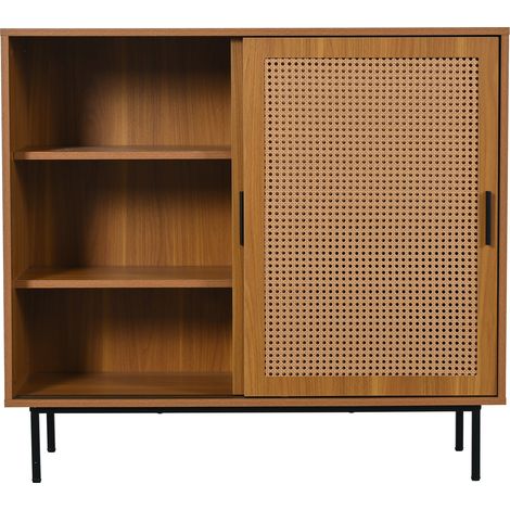Credenza buffet con 2 ante scorrevoli e ripiano regolabile, effetto noce, 100 x 90 x 37 cm, MODENUIT (1/5)